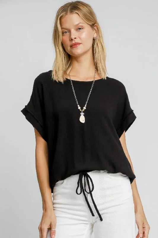 Black Drawstring Hem Linen Top