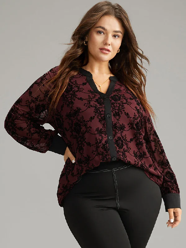 Floral Print Mesh V Neck Blouse