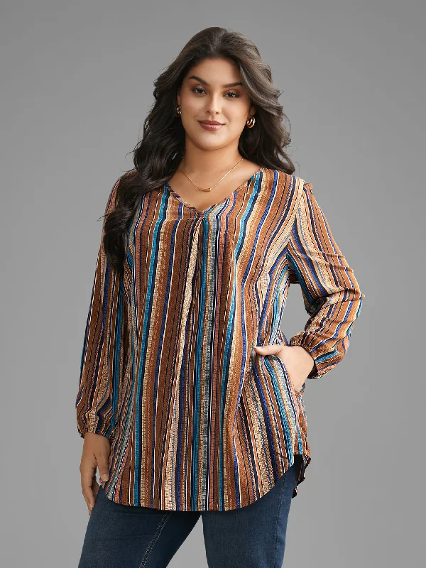 Contrast Striped Pocket Lantern Sleeve Blouse