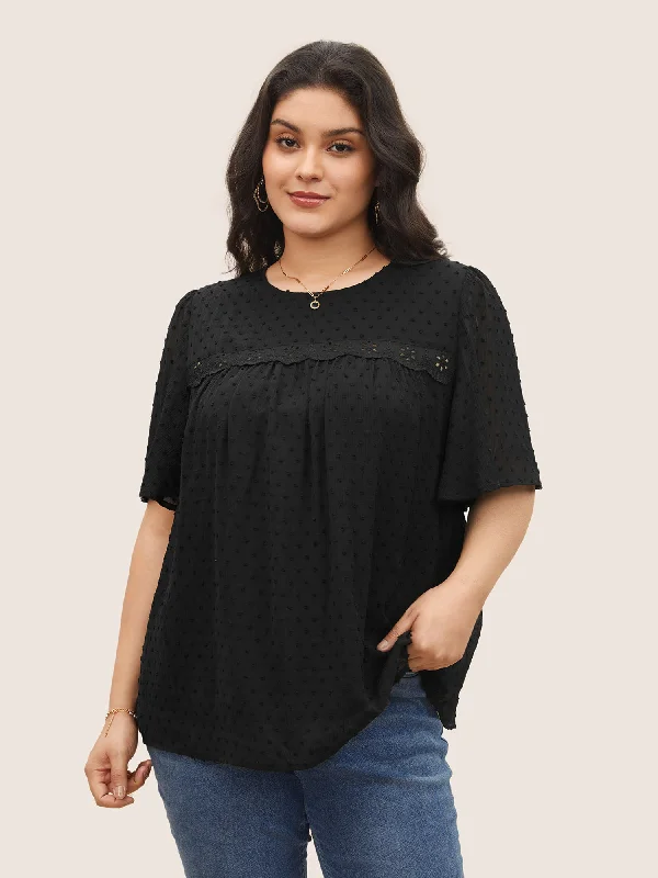 Solid Texture Lace Trim See Through Gathered Blouse