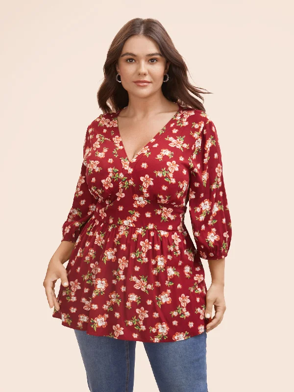 Floral Shirred Lantern Sleeve Blouse