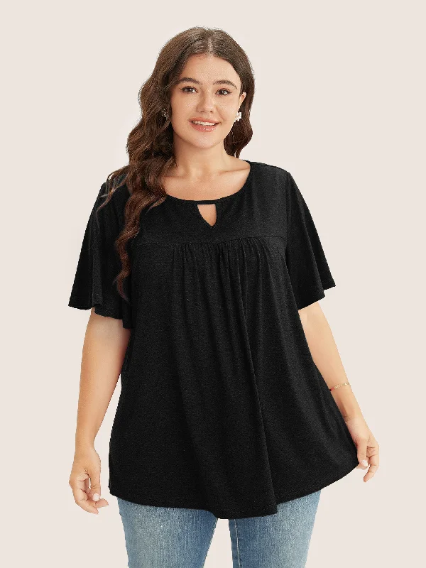 Plain Ruffle Sleeve Keyhole Gathered Crew Neck T-shirt