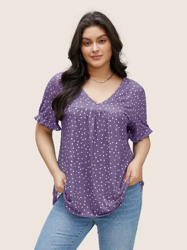 Polka Dot Print Gathered Frill Trim T-shirt