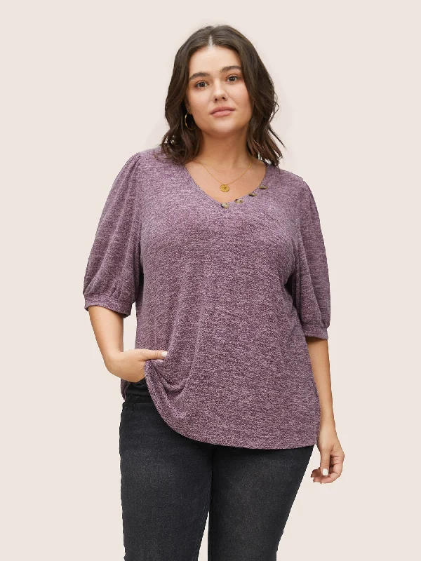 Heather Button Detail Puff Sleeve T-shirt