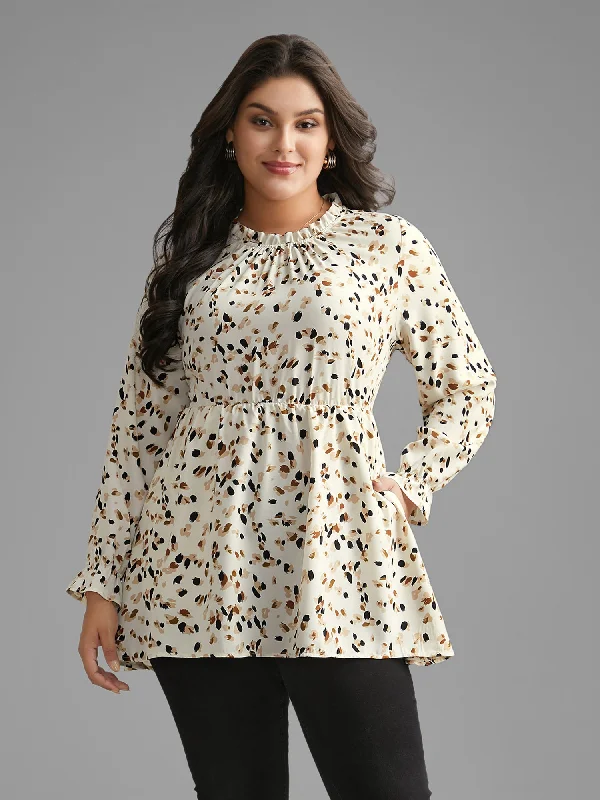 Color Leopard Print Frill Trim Blouse