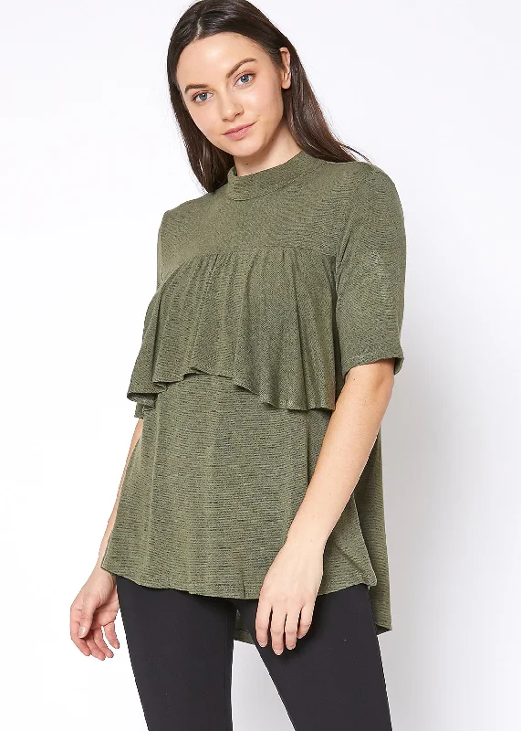 Women's Mock Neck Short Sleeve Ruffled Yoke Top