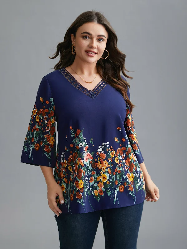 Floral V Neck Cut-Out Lace Blouse