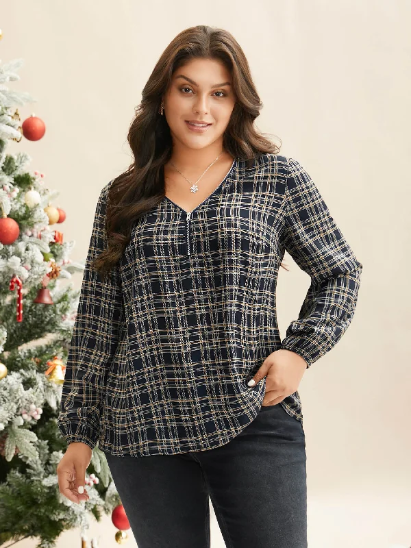 Plaid Zipper Front Lantern Sleeve Blouse