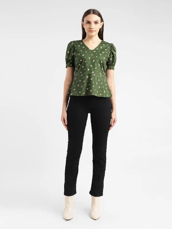 Women's Floral Print Green V Neck Top