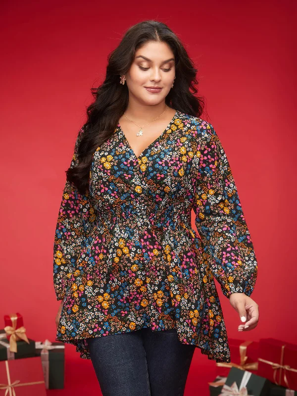 Floral Smocked Waistline Surplice Neck Blouse