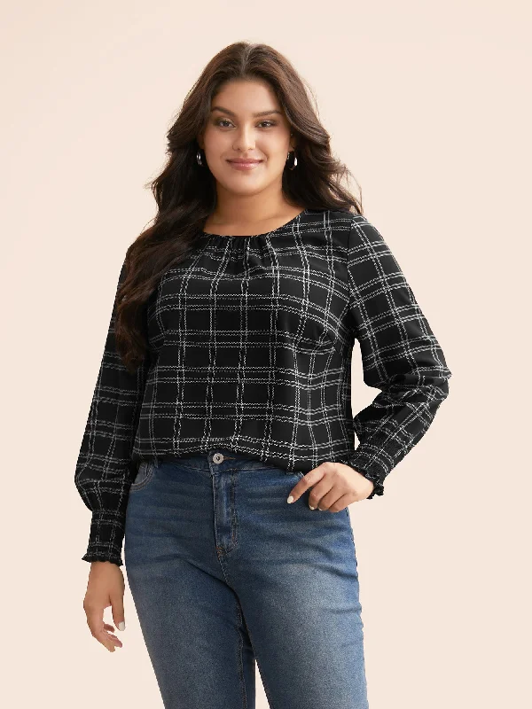 Plaid Gathered Lantern Sleeve Blouse