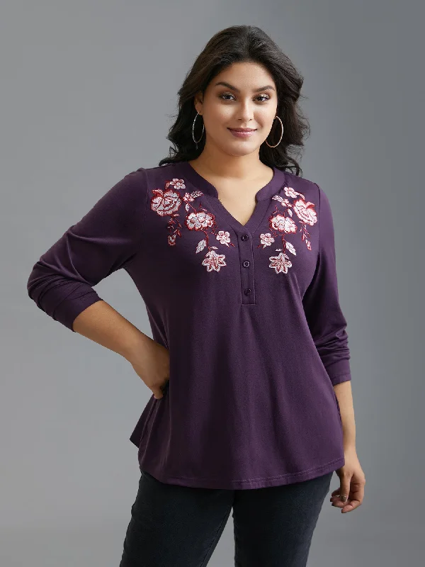 Notched Floral Embroidered  Button Top