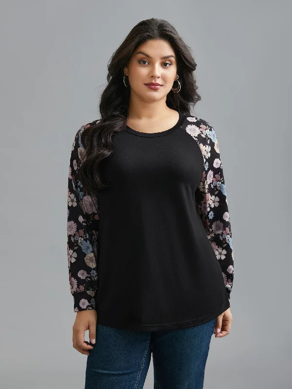 Floral Raglan Sleeve Contrast Fabric T-Shirt