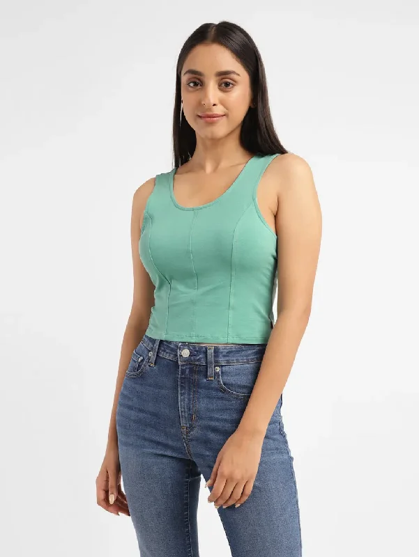 Women's Solid Green Scoop Neck Crop Top