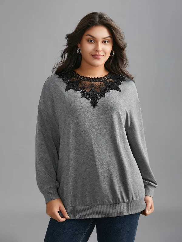 Lace Panel Round Neck Contrast Sweatshirt