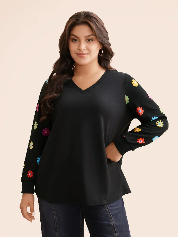 V Neck Floral Slightly Stretchy Sweatshirt