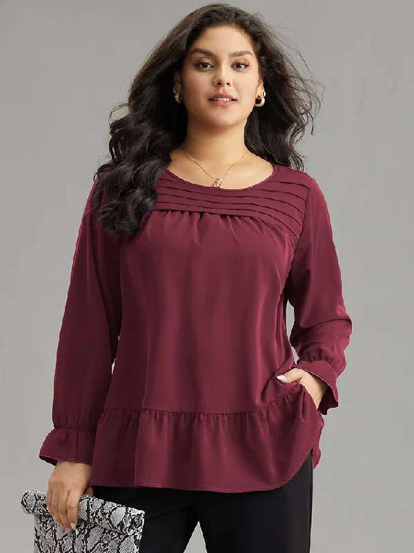 Static-Free Plain Pleated Ruffles Lantern Sleeve Blouse