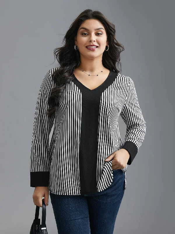 V Neck Striped Patchwork Blouse