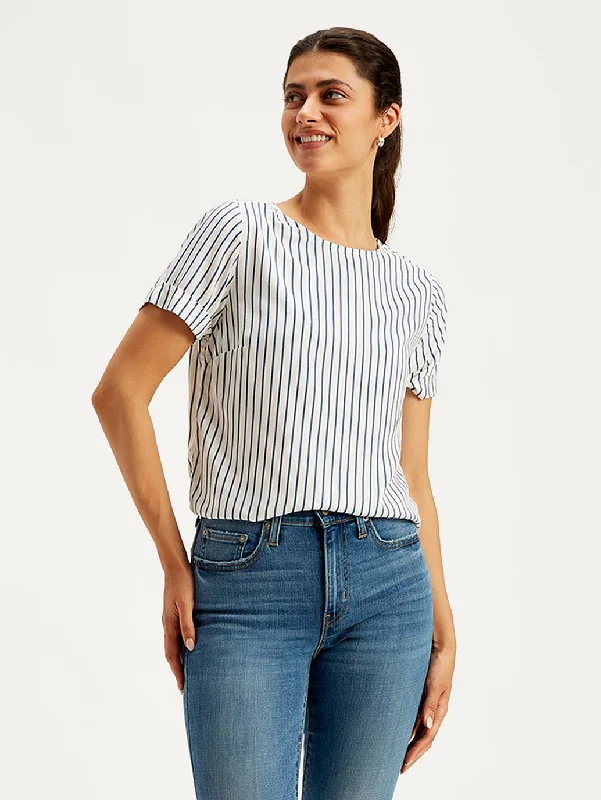 Women's Striped Off-White Round Neck Top