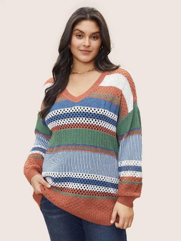 Colorblock Contrast Pointelle Knit Pullover