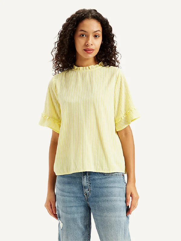 Women's Striped Yellow High Neck Top