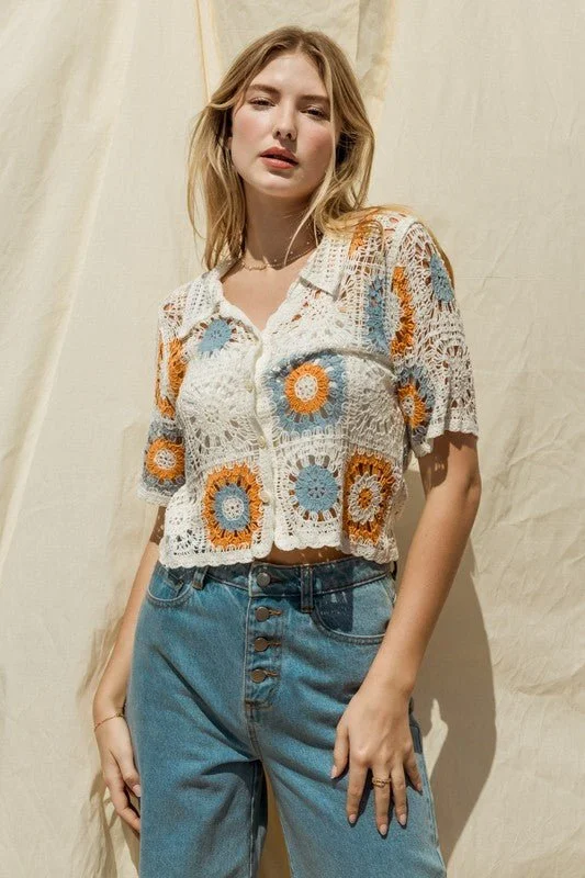 Short Sleeve Button Down Crochet Top