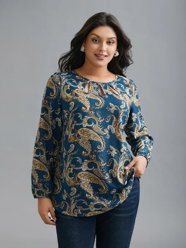 Round Neck Paisley Cut Out Blouse