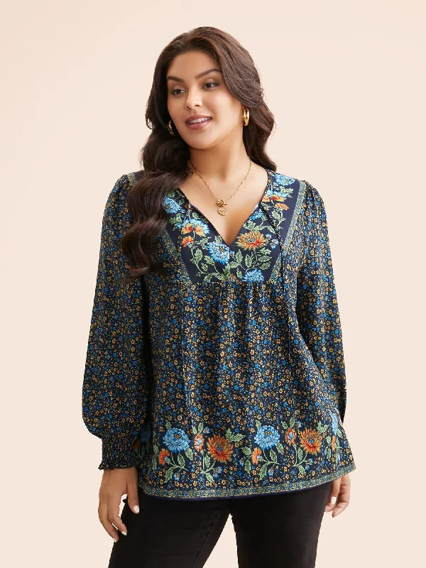 Bandana Print V Neck Shirred Blouse