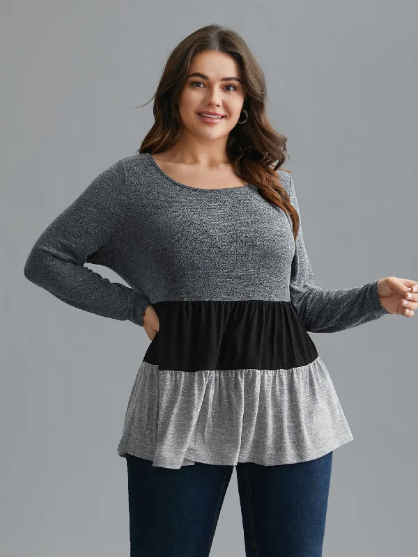 Color Block Round Neck Tiered Knit Top