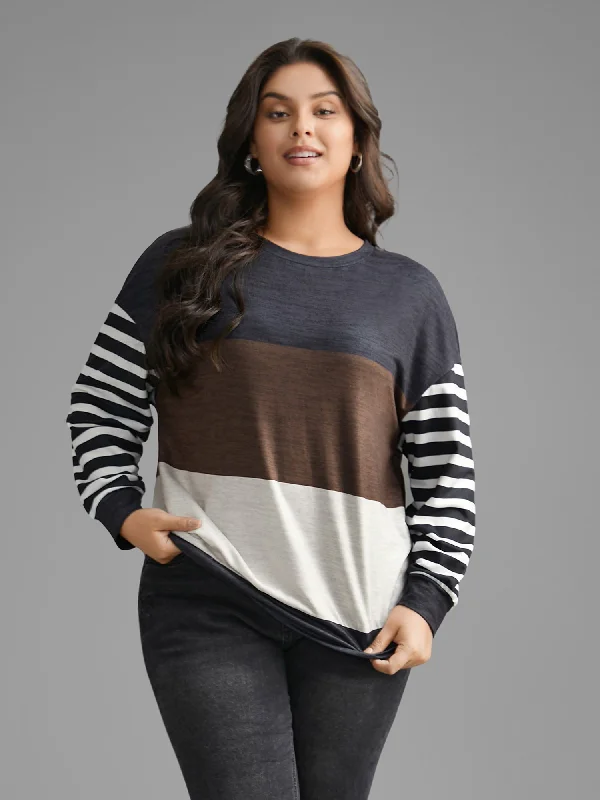 Round Neck Striped Patchwork Contrast Sweatshirt