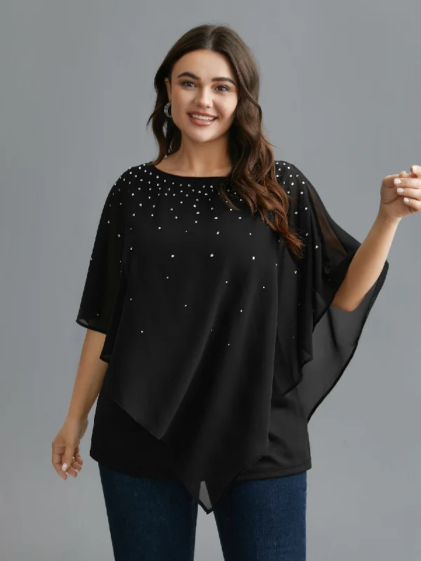 Rhinestone Asymmetrical Hem Ruffle Sleeve Blouse