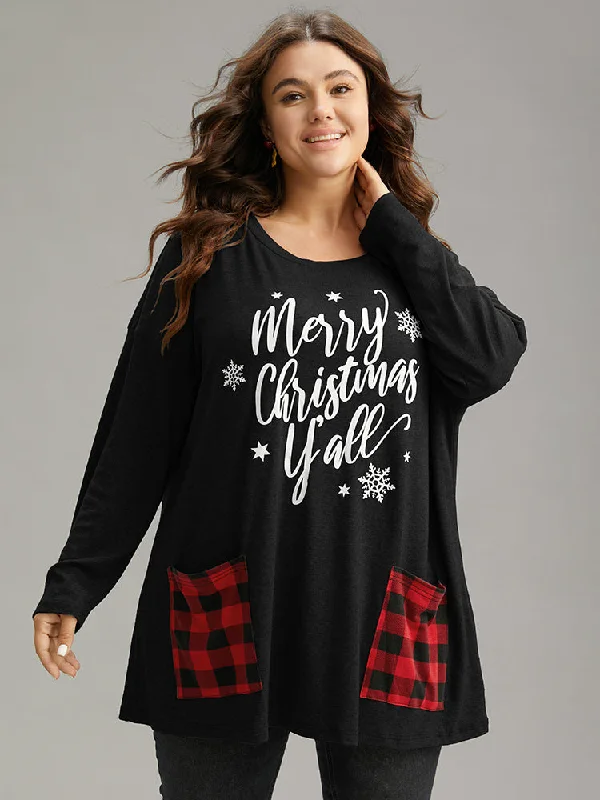 Christmas Letter Plaid Patchwork Pocket T-shirt