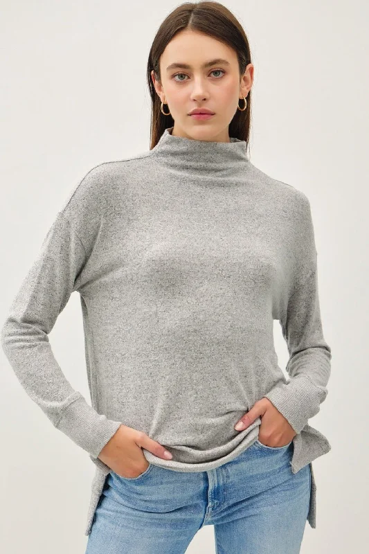 Side Slit Mock Neck Top - Grey