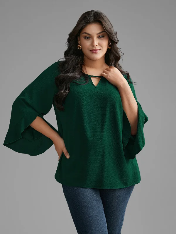 Solid Keyhole Ruffle Sleeve Blouse