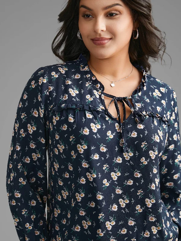 Floral Frill Trim Tie Knot Lantern Sleeve Blouse