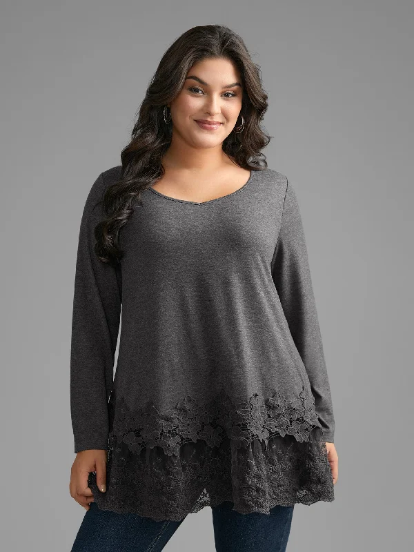 V Neck Lace Panel Jersey Top