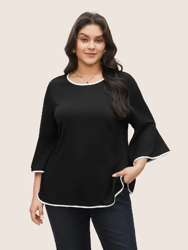 Contrast Trim Round Neck Flutter Sleeve T-shirt