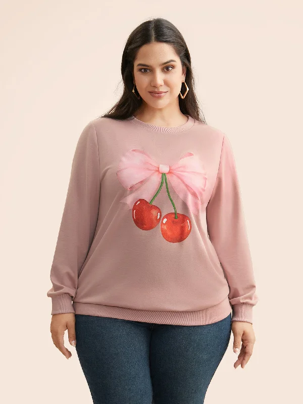 Crew Neck Bowknot Cherry Print Sweatshirt