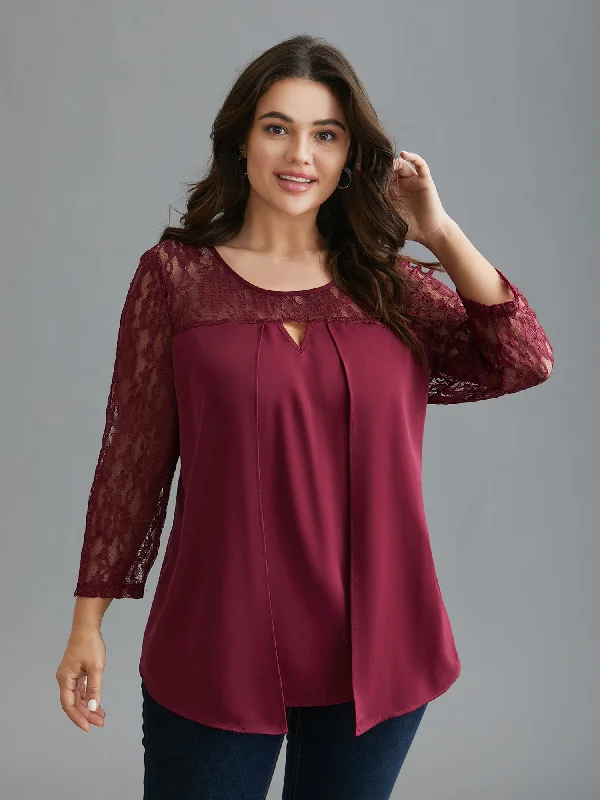 Sheer Lace Sleeve Neck Cut-Out Shirt