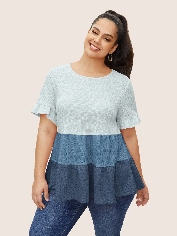 Waffle Knit Contrast Ruffle Layered Hem T-shirt