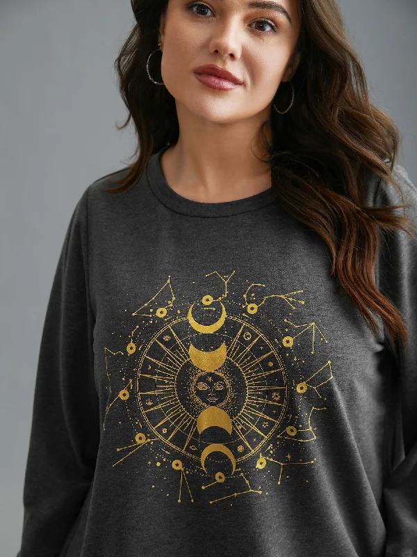 Star & Moon Print Round Neck Sweatshirt