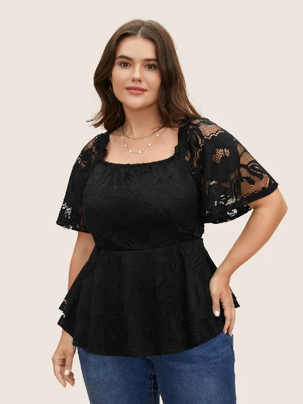 Square Neck Floral Lace Panel T-shirt