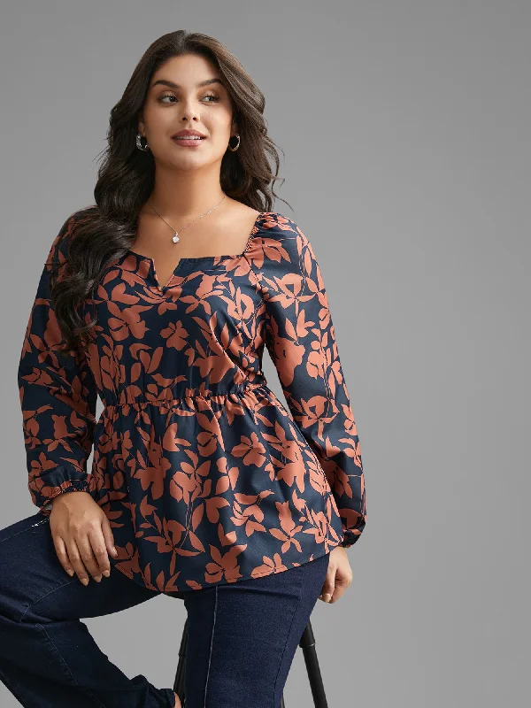 Notched Silhouette Floral Print Lantern Sleeve Blouse