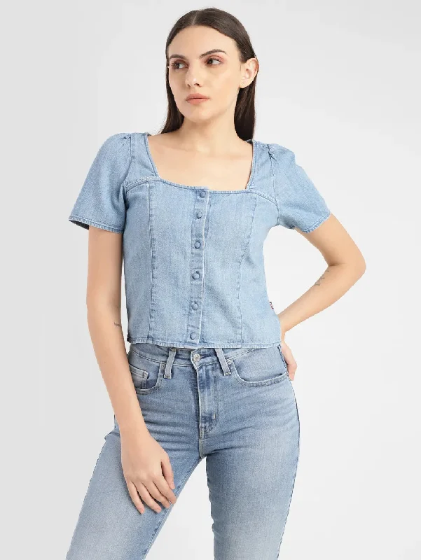 Women's Solid Light Indigo Square Neck Baggy Top