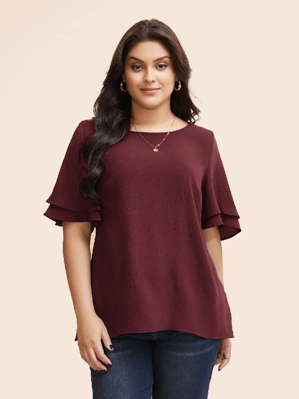 Solid Tiered Ruffles Split Hem Blouse