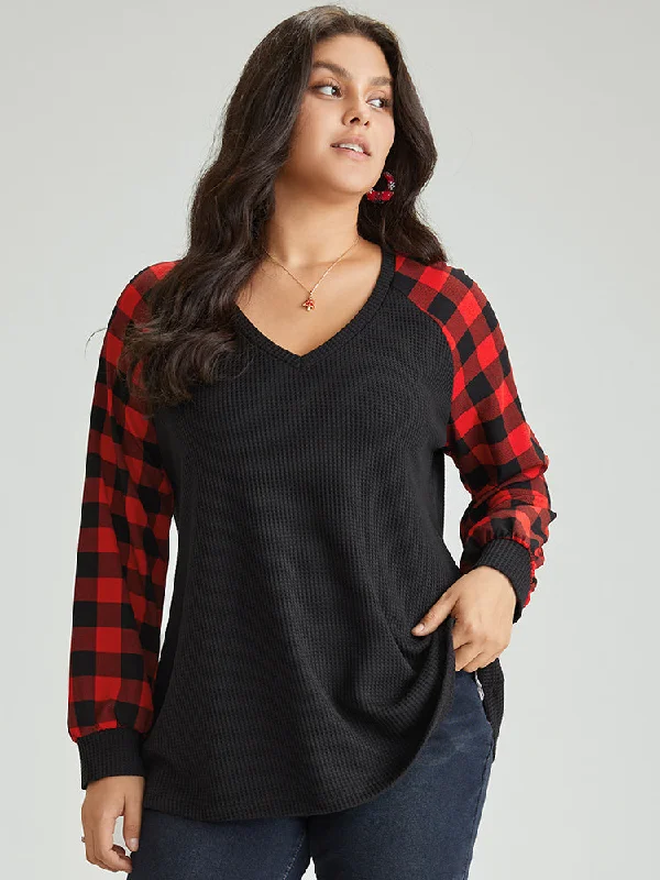 Waffle Knit Plaid Patchwork Raglan Sleeve T-shirt