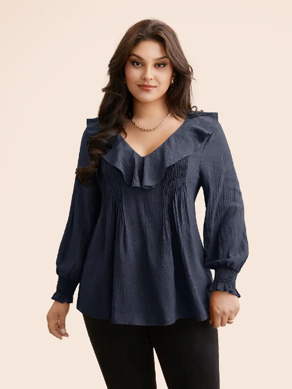 Solid Texture Pleated Ruffle Trim Blouse