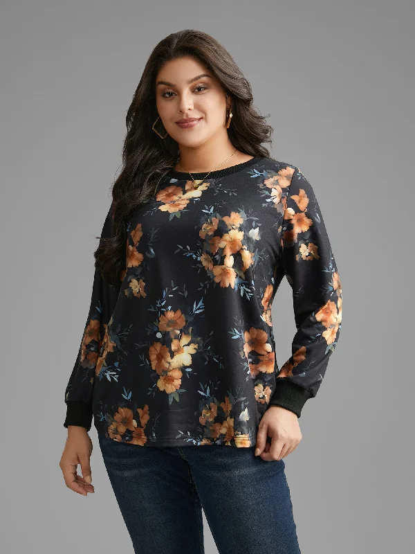 Round Neck Natural Flowers Slightly Stretchy Sweatshirt