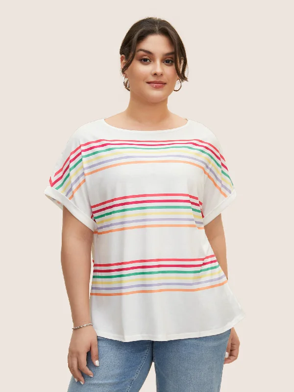 Colored Striped Boat Neck Batwing Sleeve T-shirt