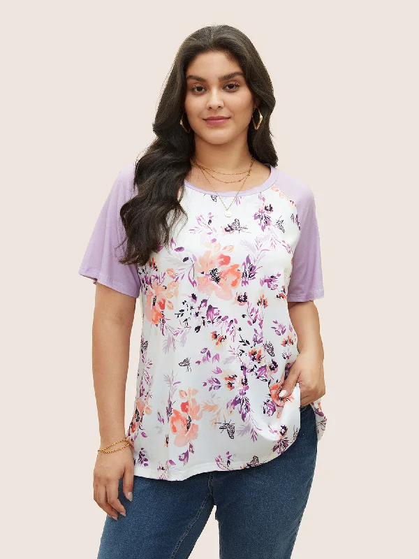 Floral & Butterfly Print Raglan Sleeve  T-shirt